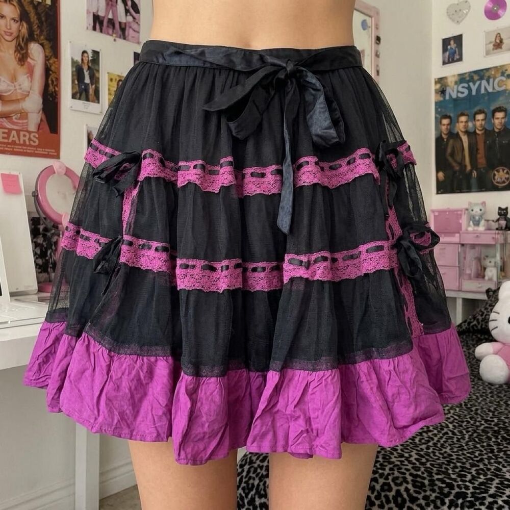 Vintage Y2K Funhouse Tulle Lace Tiered Mini Skirt One Size Goth Punk Whimsigoth